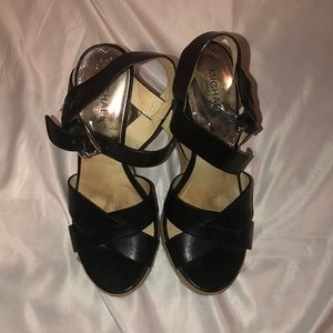 Michael Kors black, silver and tan wedges